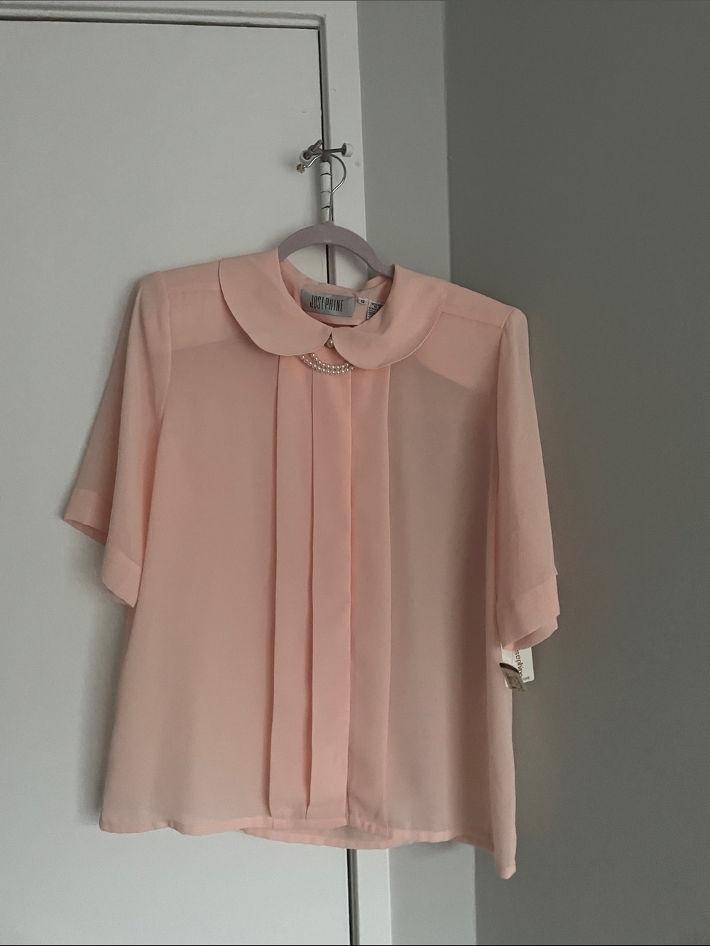 Soft Pink Peter Pan Collar Blouse with Pearl Accent